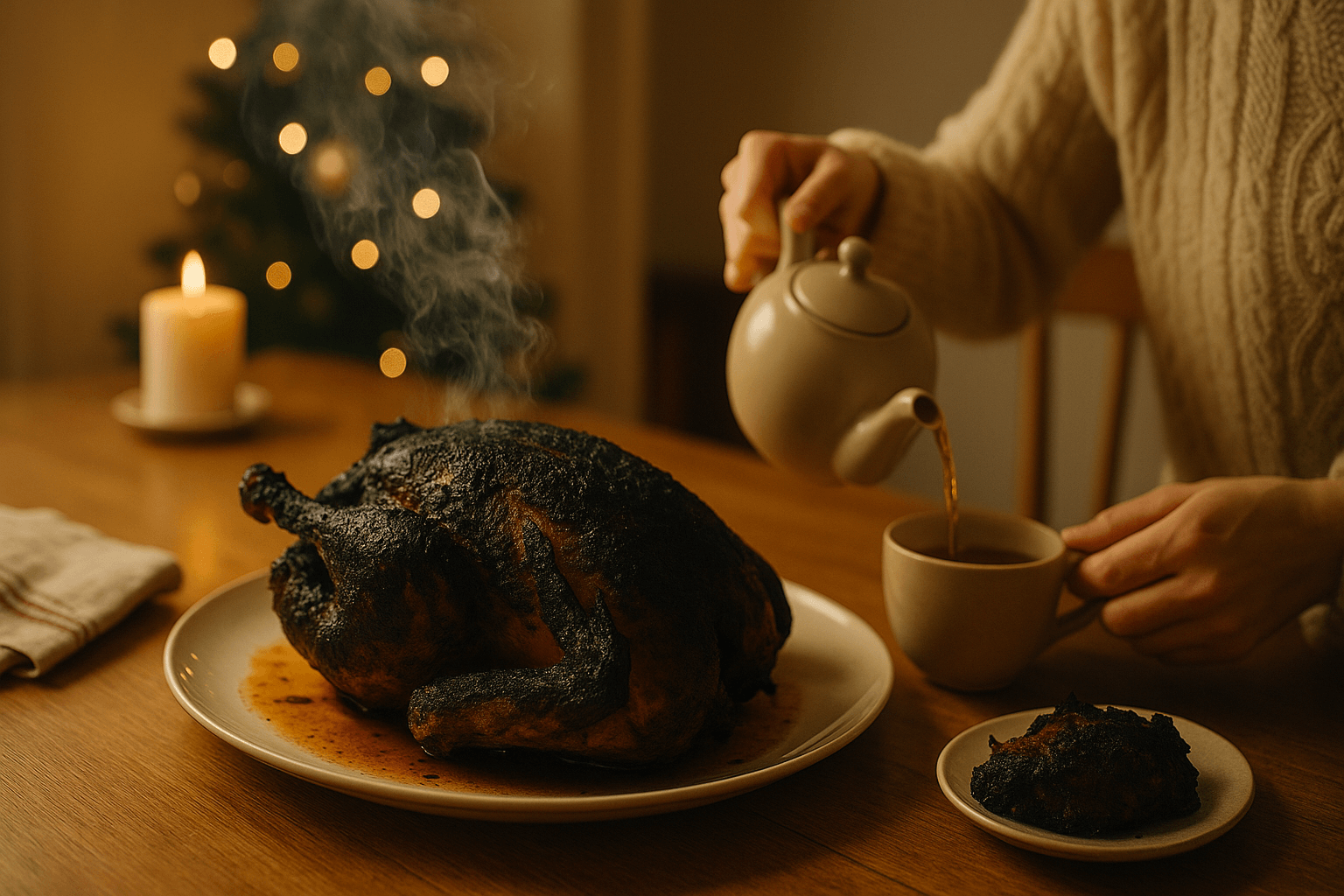 “Licht aangebrande kalkoen op tafel tijdens kerstdiner – symbool voor mildheid, humor en innerlijke rust.”