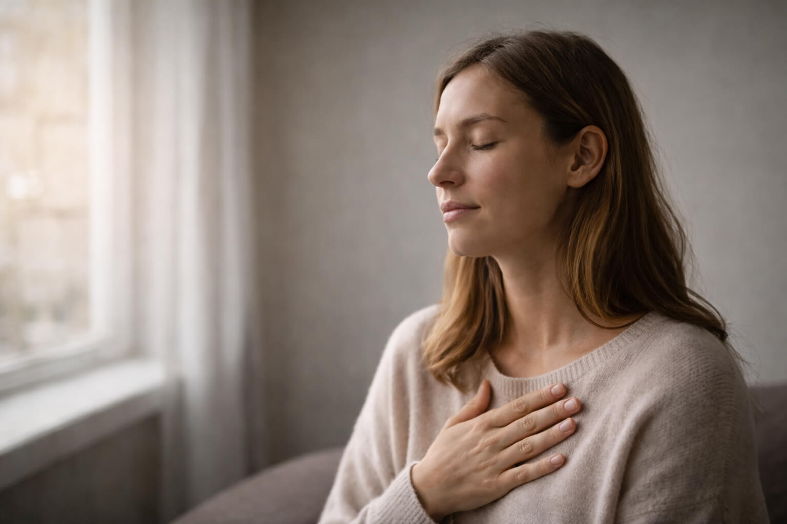 “Vrouw met hand op borst die rustig ademt en contact maakt met haar lichaam”