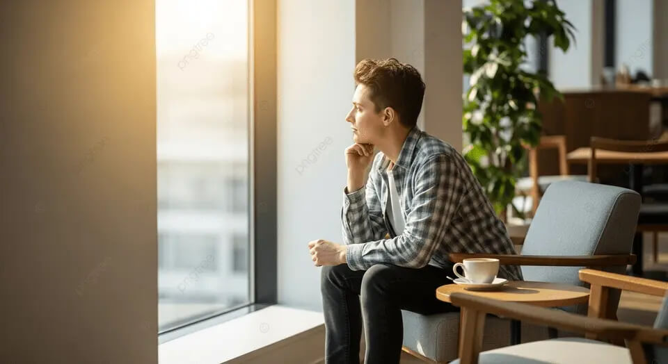Persoon zit rustig bij een raam en kijkt naar buiten, in een moment van reflectie en innerlijke rust.