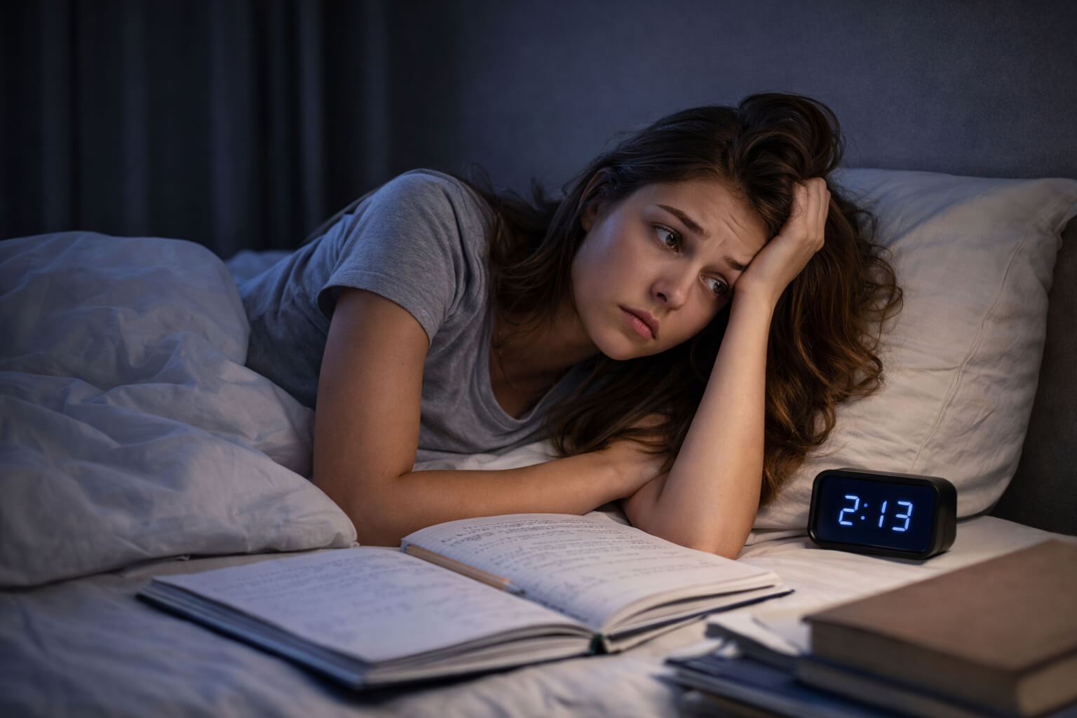 Jonge vrouw ligt wakker in bed tussen studieboeken tijdens examenstress.