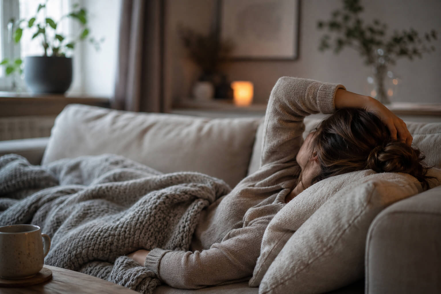 Vrouw ligt wakker in bed terwijl ontspanning en rust moeilijk voelen door spanning in het lichaam