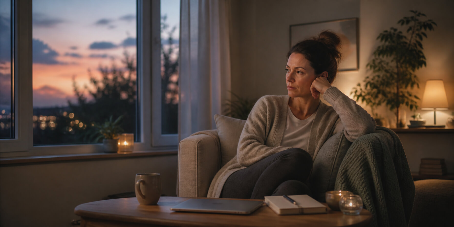 Vrouw zit ’s avonds thuis op de bank en kijkt nadenkend uit het raam terwijl ontspannen niet vanzelf lukt.
