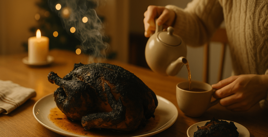 “Licht aangebrande kalkoen op tafel tijdens kerstdiner – symbool voor mildheid, humor en innerlijke rust.”